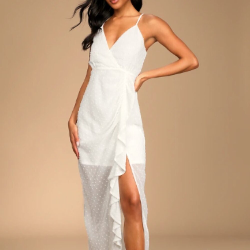 For Us to Dance White Swiss Dot Ruffled Midi Dress